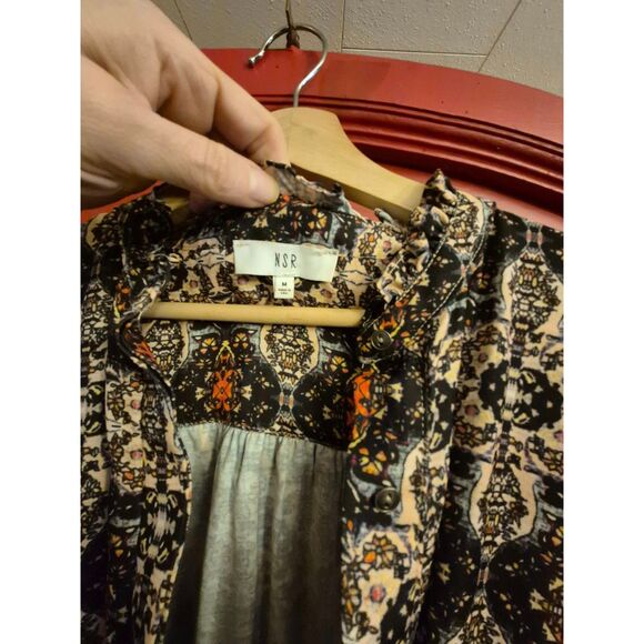 NSR Medium Gorgeous Boho Dress Long Dress Geometric Tired Ruffle Shoulder EUC - Picture 2 of 4